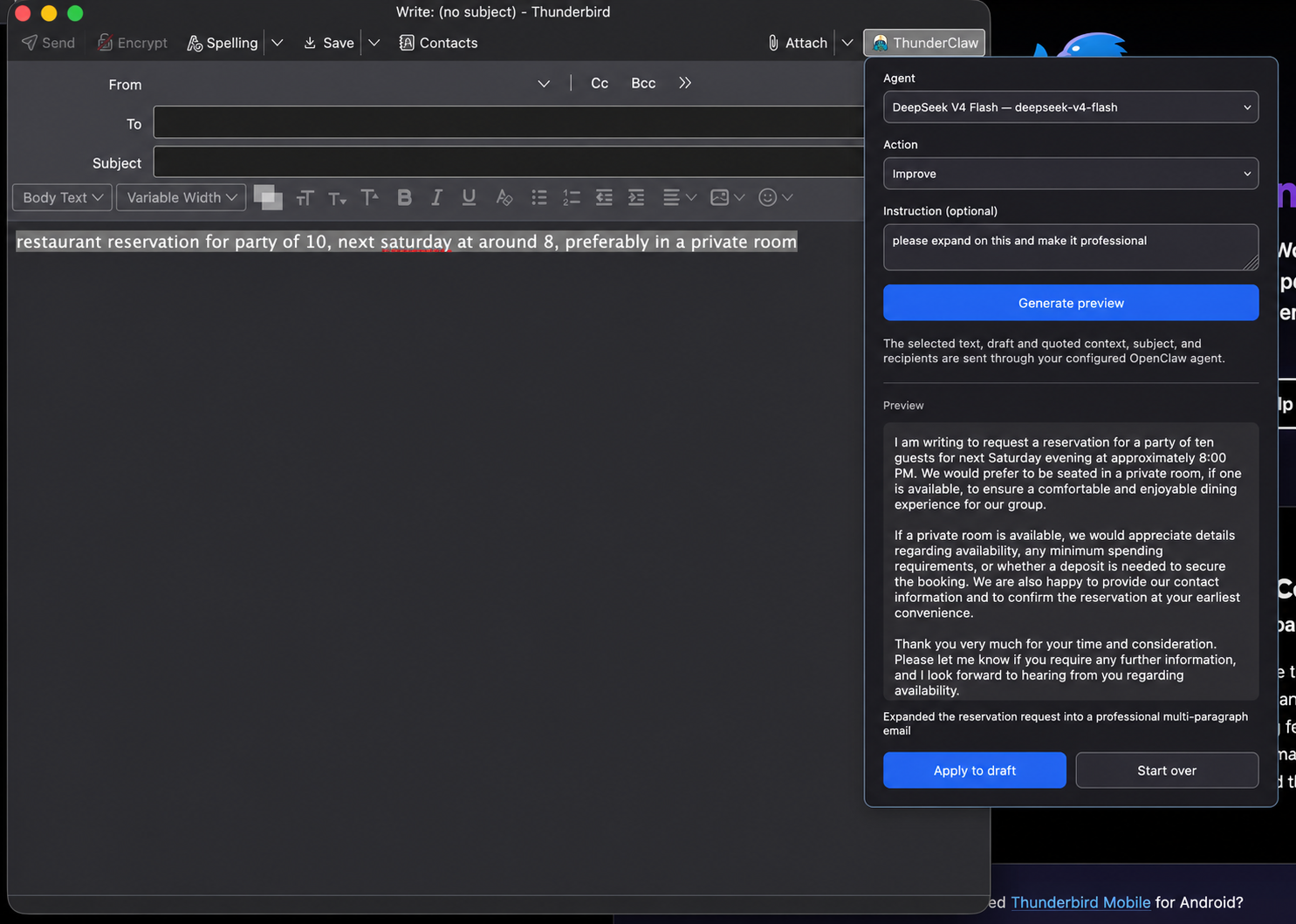 ThunderClaw showing an improved email in a preview beside a Thunderbird compose window