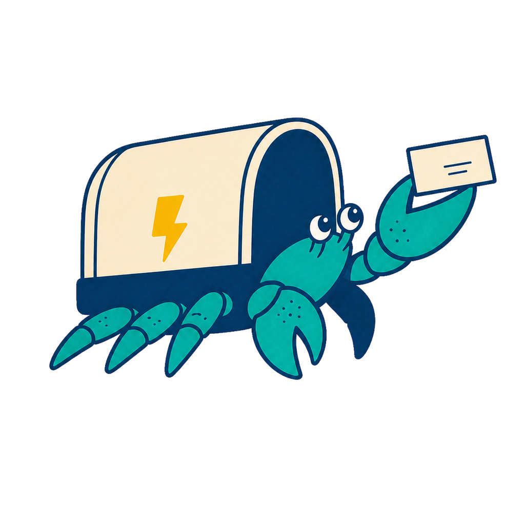 ThunderClaw, a teal hermit crab carrying a cream mailbox and offering a letter